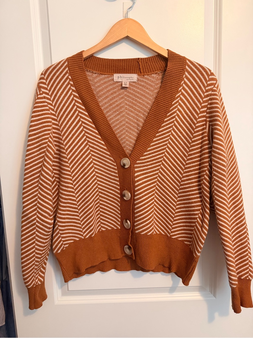 Philosophy Rust Brown and Cream Chevron V-Neck Button Cardigan